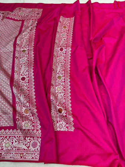 Strawberry Pink Pure Handloom Banarasi Katan by Katan Silk Ektara Kadhwa weave Saree