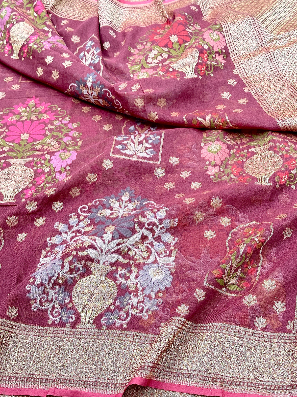 Gajri Pure Banarasi Cotton Jamdani Cutwork weave Saree