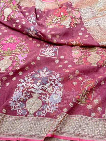 Gajri Pure Banarasi Cotton Jamdani Cutwork weave Saree