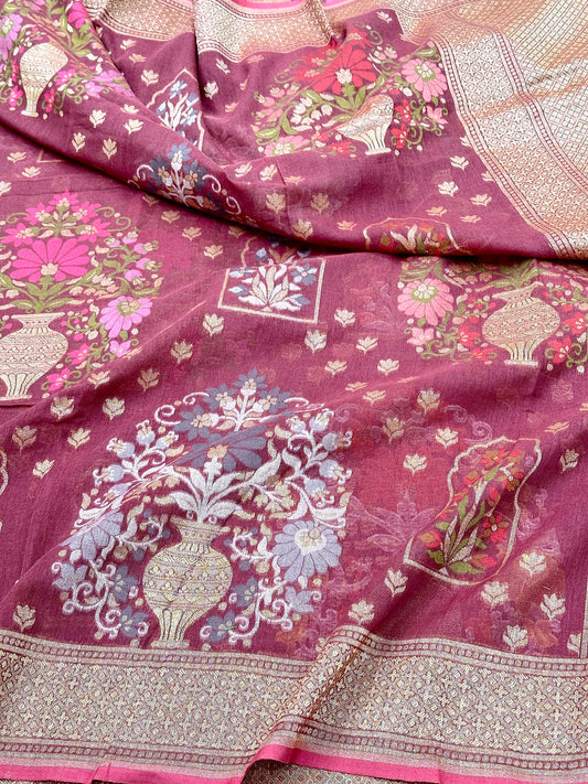 Gajri Pure Banarasi Cotton Jamdani Cutwork weave Saree