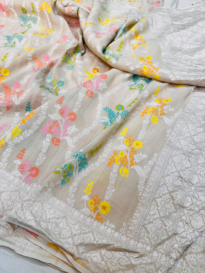 Ivory Banarasi Tassar Silk Cutwork weave dyeable Saree