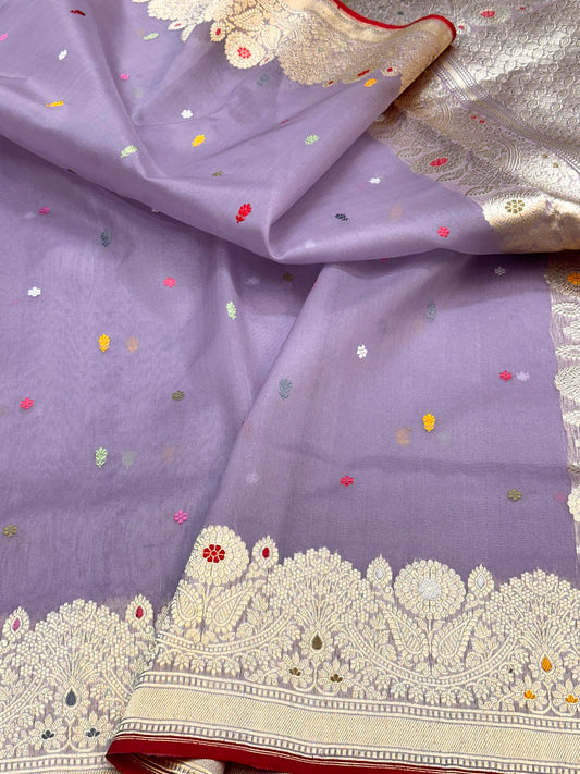 Lavender Handloom Pure Banarasi Kora Organza Saree
