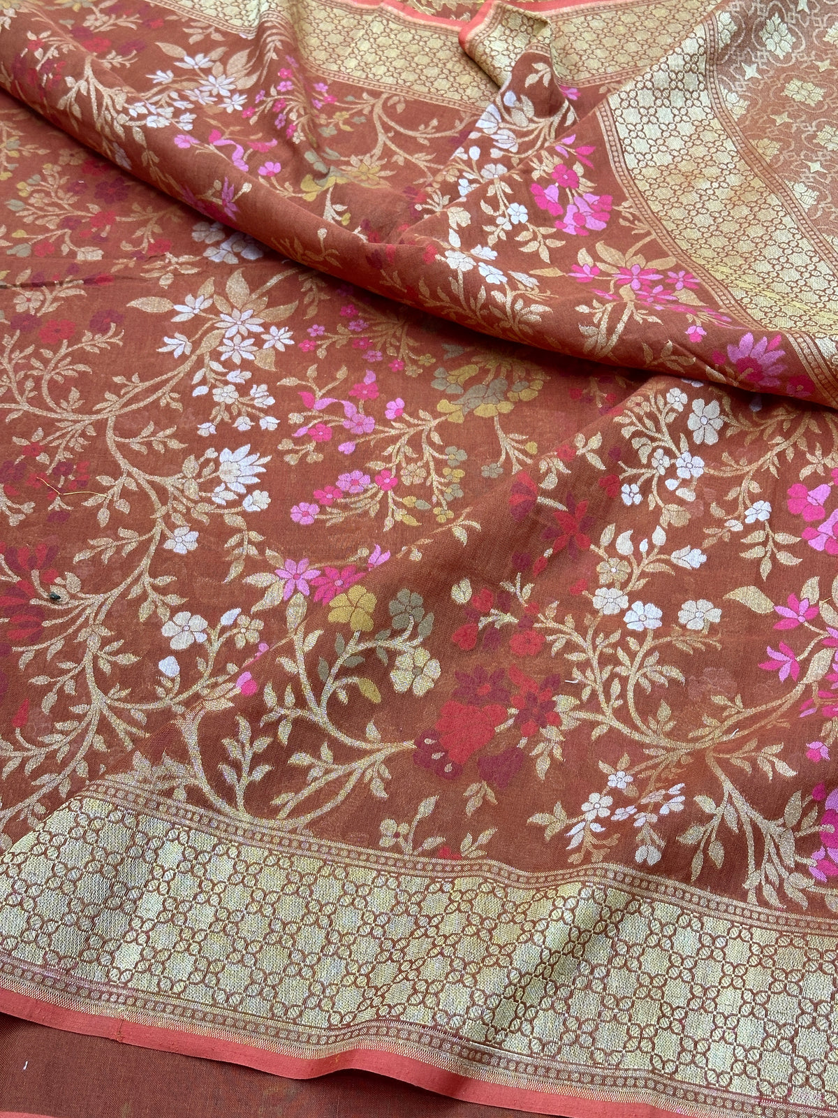 Rust Pure Banarasi Cotton Jamdani Cutwork weave Saree