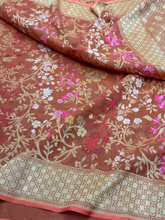 Rust Pure Banarasi Cotton Jamdani Cutwork weave Saree