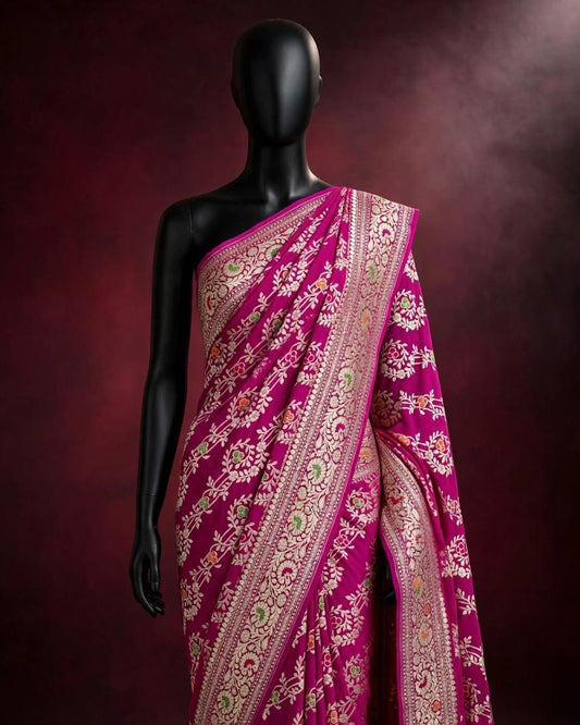Rani Pink Banarasi Chiffon Georgette Cutwork weave dyeable Saree