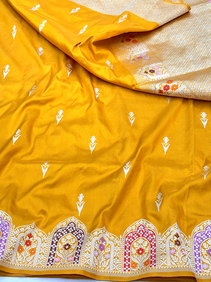 Mustard Pure Handloom Banarasi Katan by Katan Silk Kadhwa weave Saree