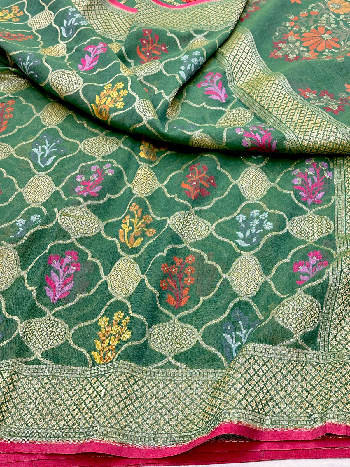 Green Pure Banarasi Cotton Jamdani Cutwork weave Saree
