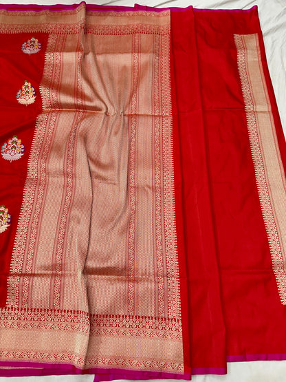 Red Designer Handloom Pure Banarasi Katan by Katan Silk Kadhwa weave Saree