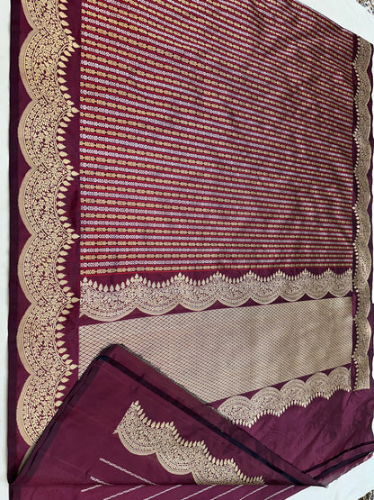 Wine Stripes Scallop border Designer Handloom Banarasi Katan by Katan Silk Saree