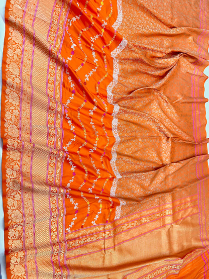 Orange Designer Handloom Pure Banarasi Katan by Katan Silk Kadhwa weave Saree