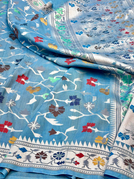 Blue Banarasi Tassar Silk Cutwork weave dyeable Saree