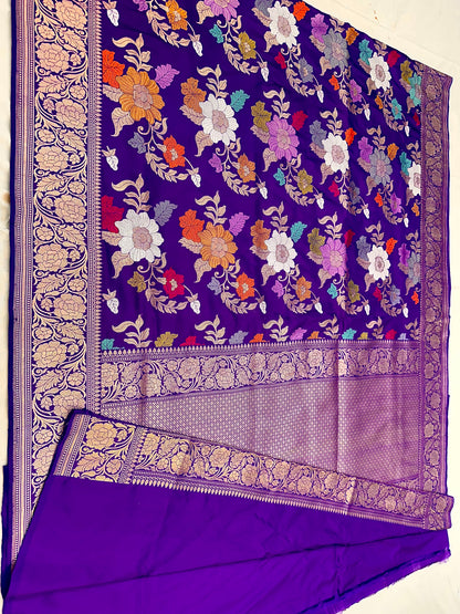 Purple jaal designer Pure Handloom Banarasi Katan by Katan Silk Kadhwa weave Saree