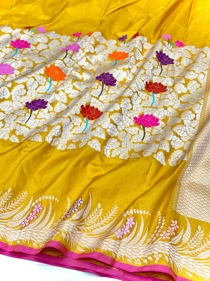 Yellow Skirt Pattern Designer Handloom Pure Banarasi Katan by Katan Silk Kadhwa weave Saree