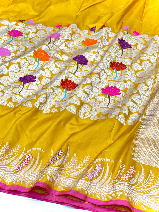 Yellow Skirt Pattern Designer Handloom Pure Banarasi Katan by Katan Silk Kadhwa weave Saree