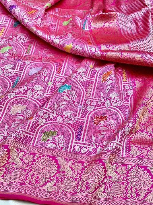 Rani Pink Exclusive Brocade jaal Handloom Pure Banarasi Katan by Katan Silk Saree