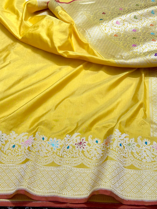 Yellow Designer Handloom Banarasi Katan by Katan Silk Saree
