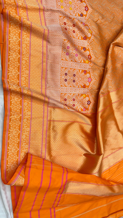 Orange Skirt Pattern Designer Handloom Banarasi Katan by Katan Silk Saree