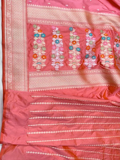 Peach Pink Handloom Pure Banarasi Katan by Katan Silk Kadhwa weave Saree