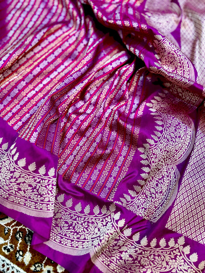 Magenta Stripes Scallop border Designer Handloom Pure Banarasi Katan by Katan Kadhwa weave Silk Saree
