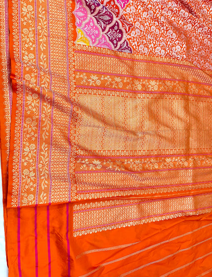 Orange Designer Handloom Pure Banarasi Katan by Katan Silk Kadhwa weave Saree