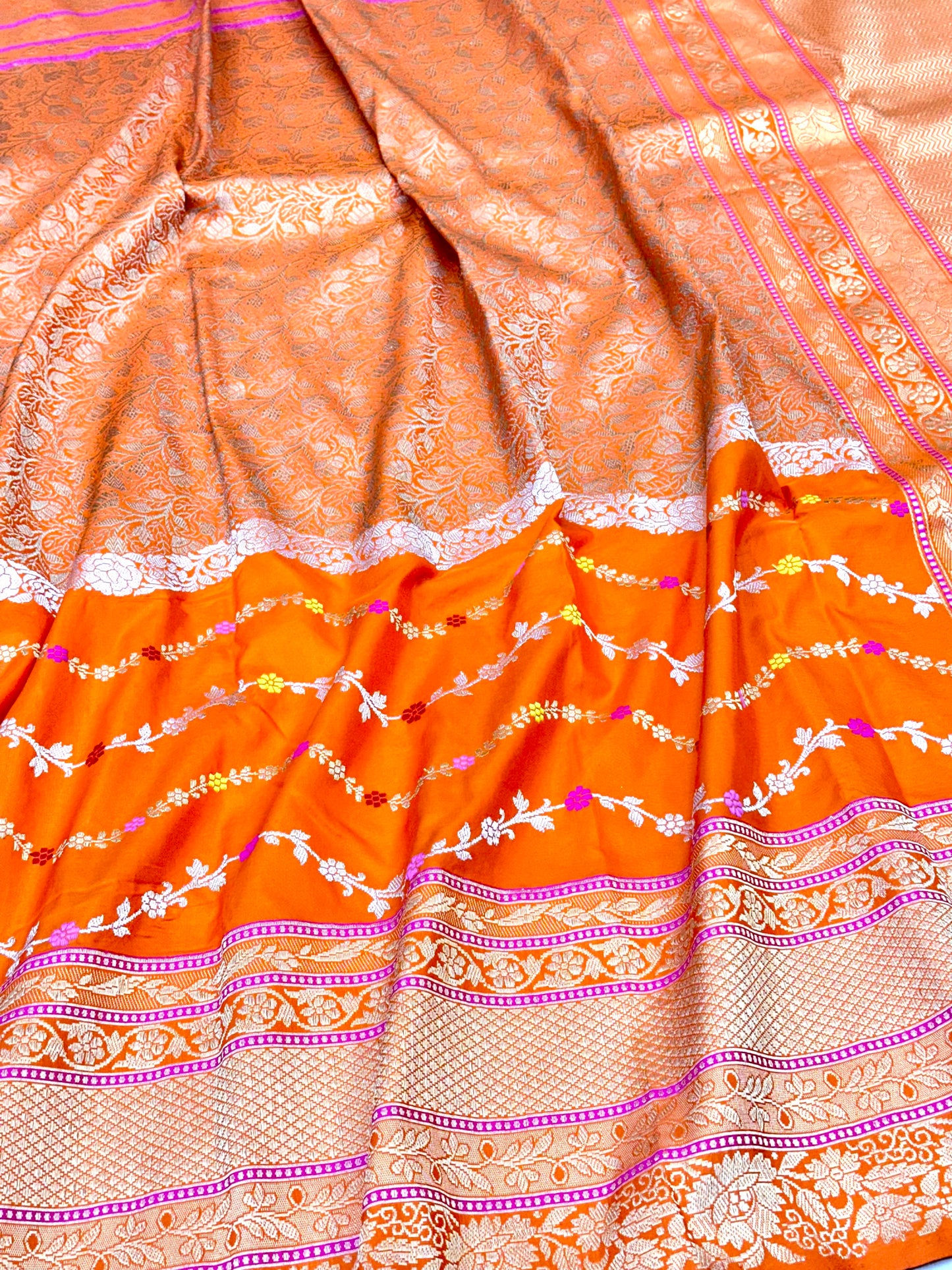 Orange Designer Handloom Pure Banarasi Katan by Katan Silk Kadhwa weave Saree