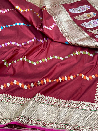 Maroon Pure Handloom Banarasi Katan by Katan Silk Kadhwa weave  Saree