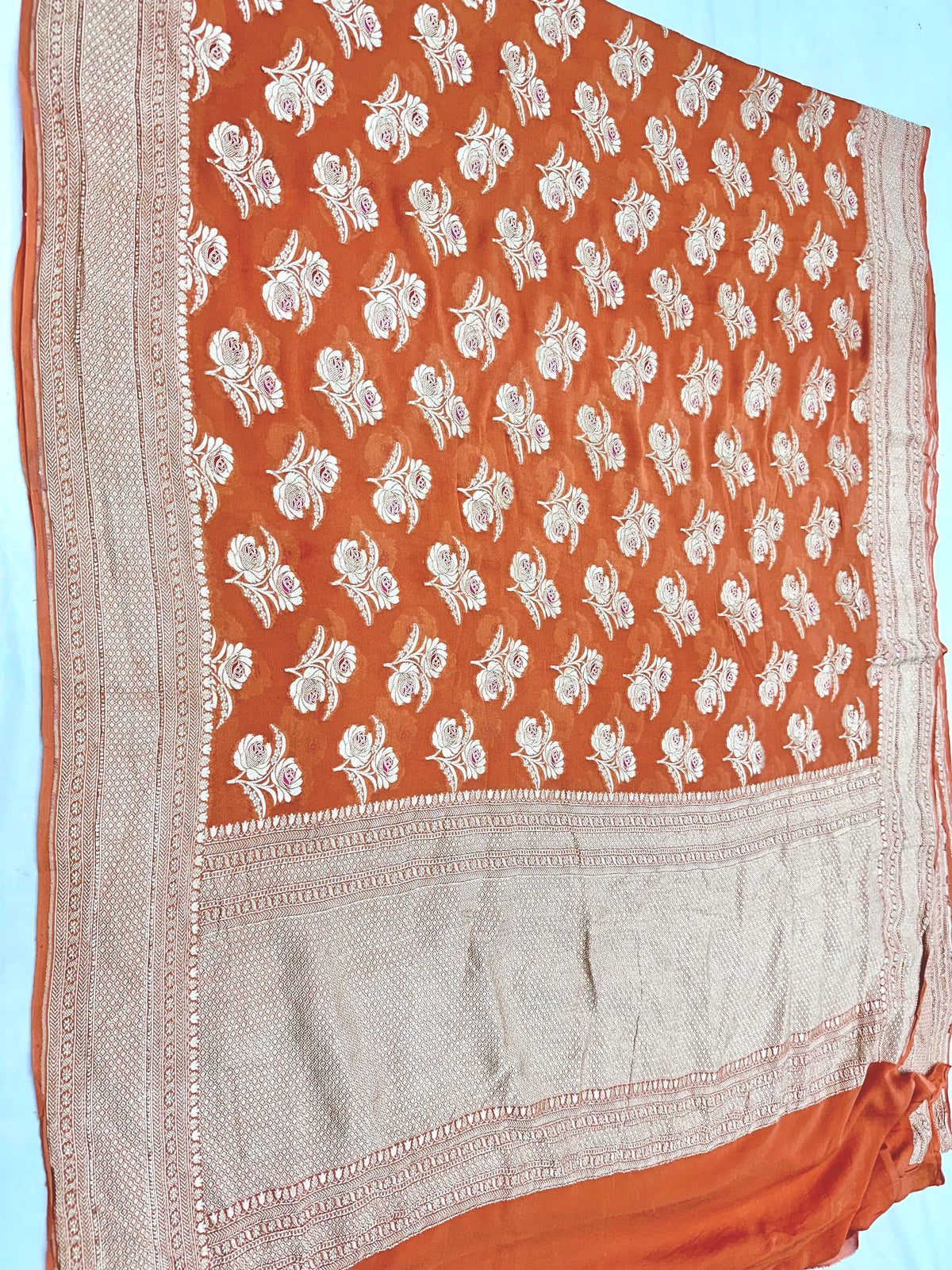 Orangish Peach Pure Banarasi Chiffon Georgette Cutwork weave dyeable Saree