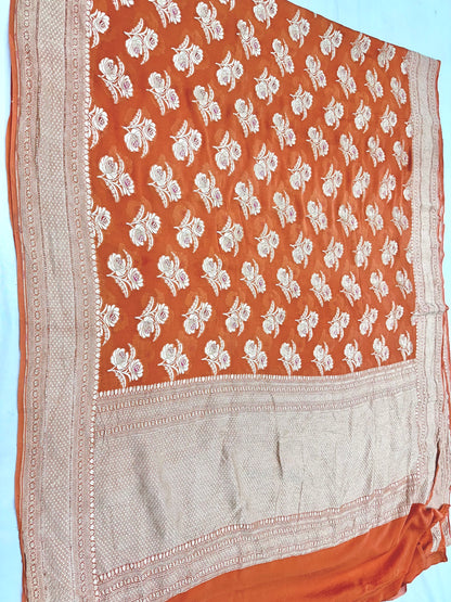 Orangish Peach Pure Banarasi Chiffon Georgette Cutwork weave dyeable Saree