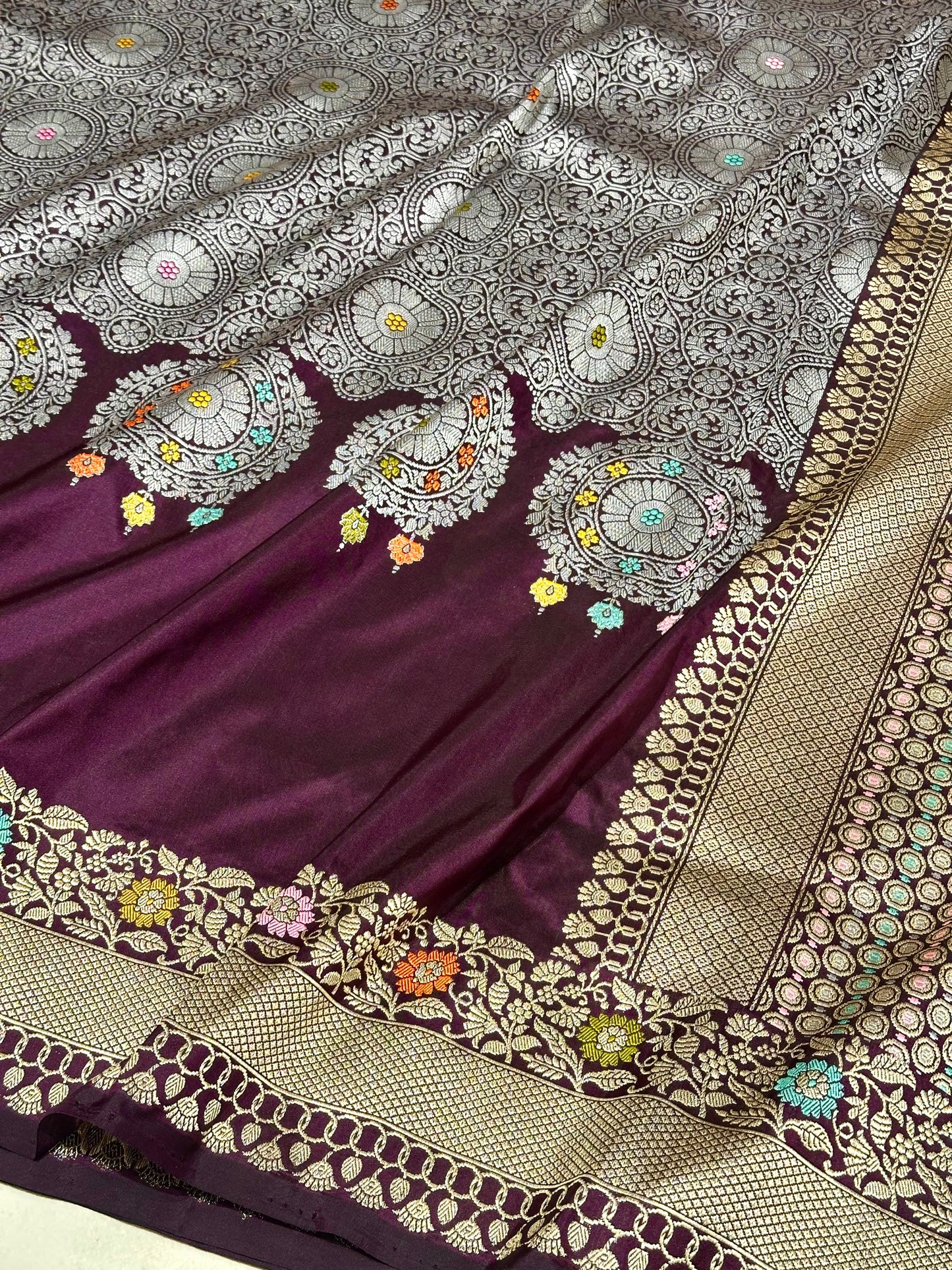 Wine Designer Handloom Pure Banarasi Katan by Katan Silk Kadhwa weave Saree