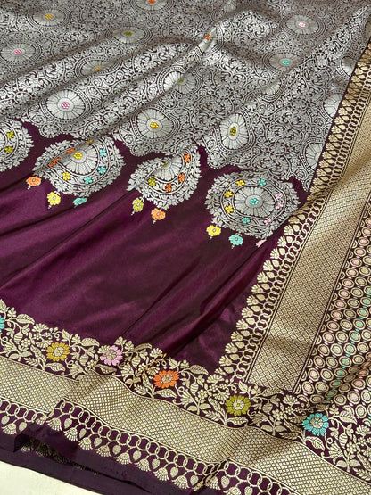 Wine Designer Handloom Pure Banarasi Katan by Katan Silk Kadhwa weave Saree