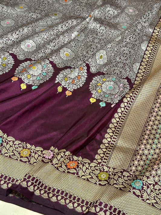 Wine Designer Handloom Pure Banarasi Katan by Katan Silk Kadhwa weave Saree