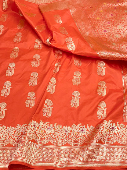 Orange Designer Handloom Banarasi Katan by Katan Silk Saree