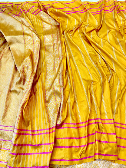 Mustard Yellow Designer Handloom Pure Banarasi Katan by Katan Silk Kadhwa weave Saree