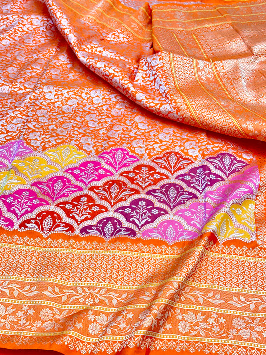Orange Skirt Pattern Designer Handloom Banarasi Katan by Katan Silk Saree