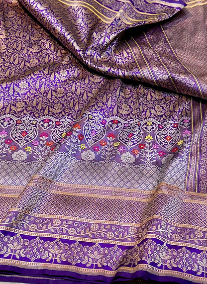 Purple Designer Handloom Pure Banarasi Katan by Katan Silk Kadhwa weave Saree