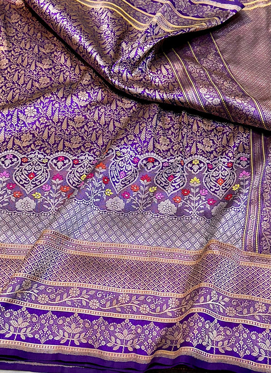 Purple Designer Handloom Pure Banarasi Katan by Katan Silk Kadhwa weave Saree