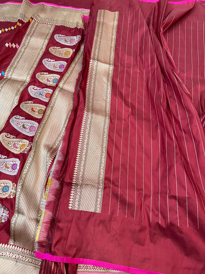 Maroon Pure Handloom Banarasi Katan by Katan Silk Kadhwa weave  Saree