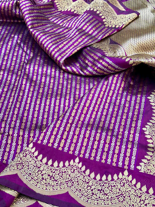Magenta stripes Scallop border Designer Handloom Banarasi Katan by Katan Silk Saree