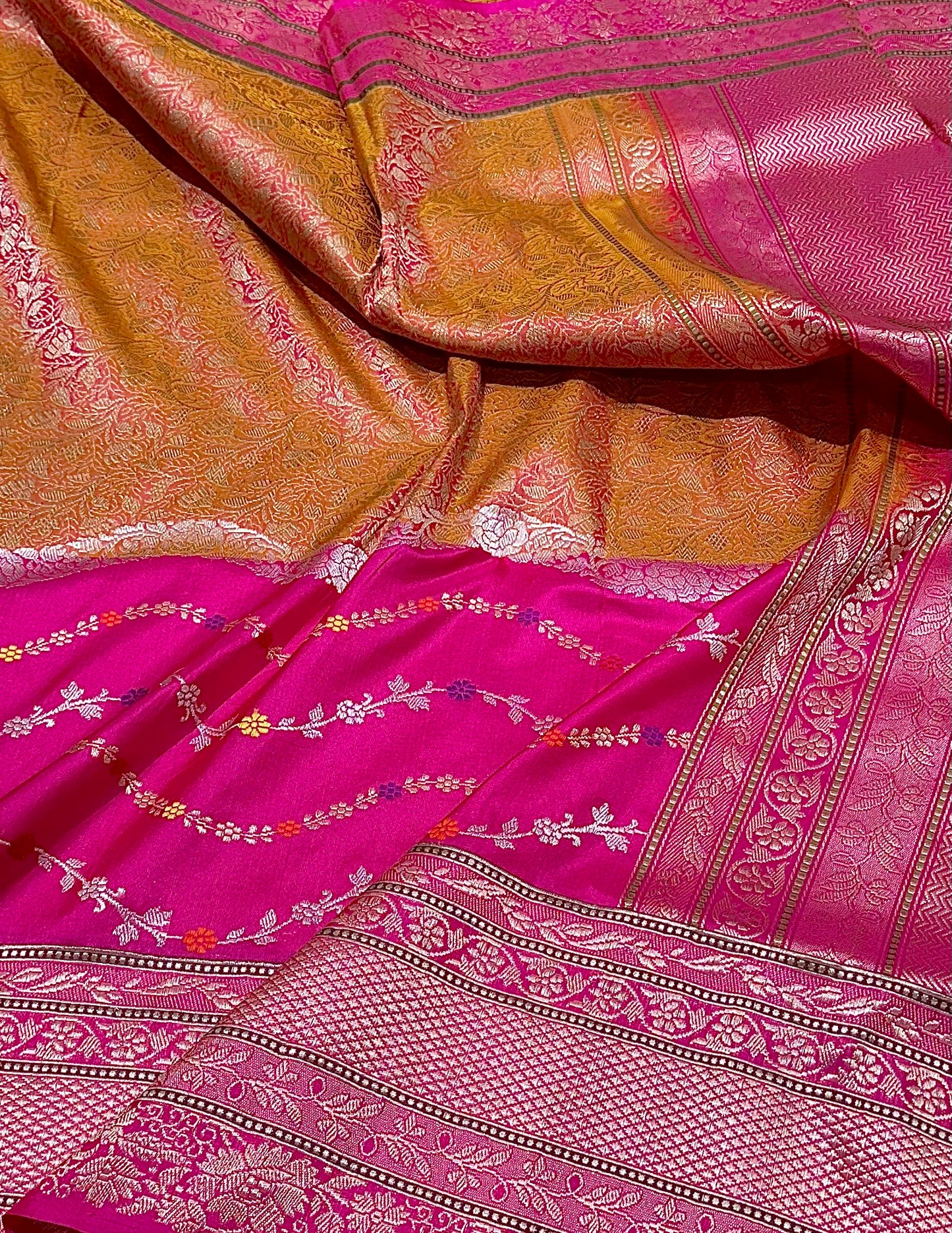 Rani Pink & Golden Designer Half-Half Handloom Pure Banarasi Katan by Katan Silk Kadhwa weave Saree