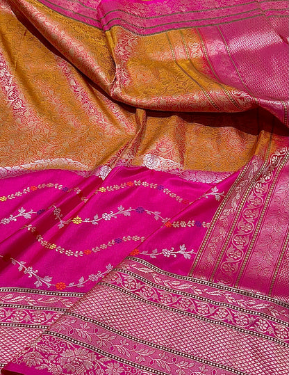 Rani Pink & Golden Designer Half-Half Handloom Pure Banarasi Katan by Katan Silk Kadhwa weave Saree