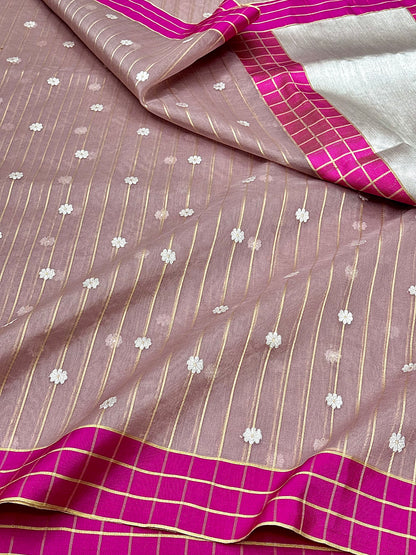 Light Brown Pure Banarasi Handloom Kadhwa Weave Kora Organza Saree