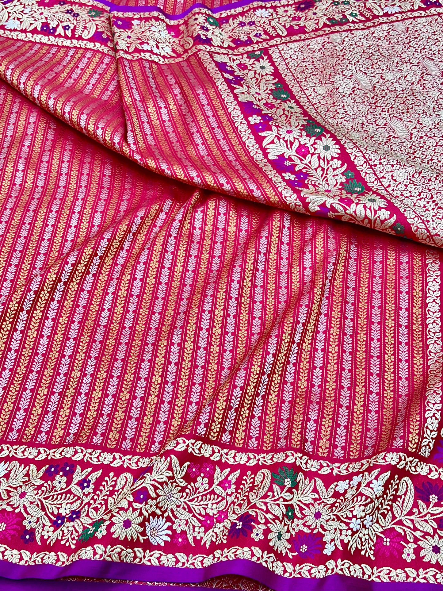Red stripes Designer Handloom Pure Banarasi Katan by Katan Silk Kadhwa weave Saree