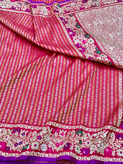 Red stripes Designer Handloom Pure Banarasi Katan by Katan Silk Kadhwa weave Saree