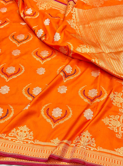 Fanta Orange designer Pure Handloom Banarasi Katan by Katan Silk Ektara Kadhwa weave Saree