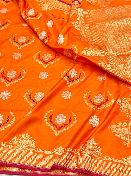 Fanta Orange designer Pure Handloom Banarasi Katan by Katan Silk Ektara Kadhwa weave Saree