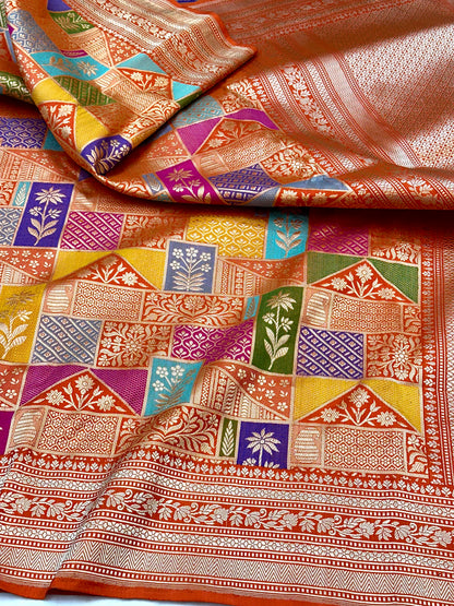 Fanta Orange Rangkat designer Pure Handloom Banarasi Katan by Katan Silk Saree