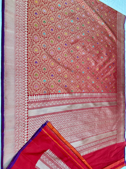Red Designer Handloom Pure Banarasi Katan by Katan Silk Kadhwa weave Brocade Saree