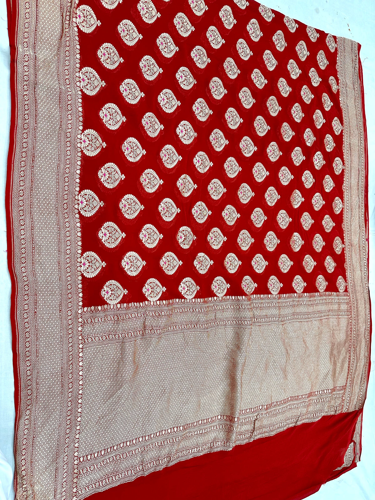 Red Pure Banarasi Chiffon Georgette Cutwork weave dyeable Saree