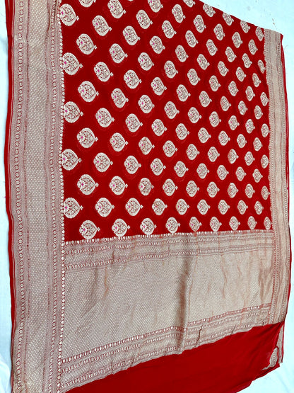 Red Pure Banarasi Chiffon Georgette Cutwork weave dyeable Saree