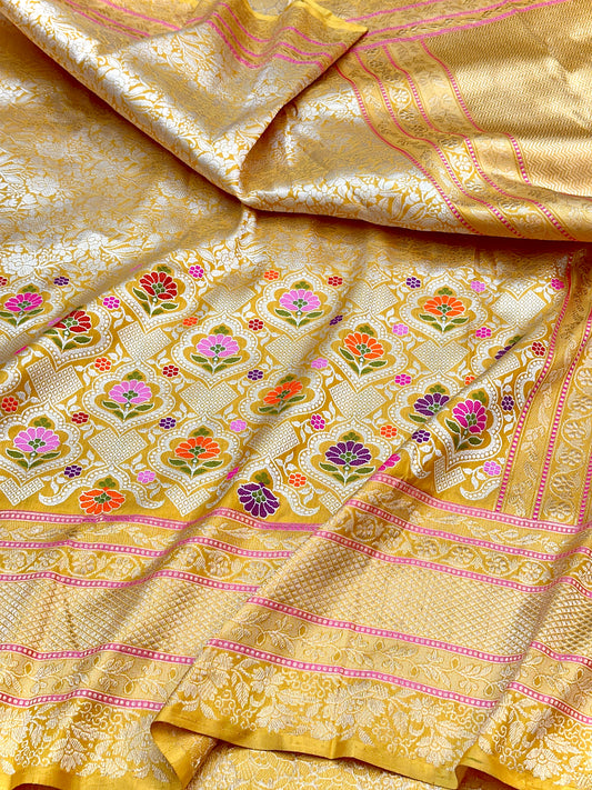 Mustard Yellow Handloom Pure Banarasi Katan by Katan Silk Kadhwa weave Saree